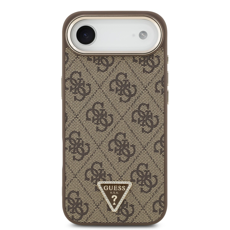 Guess PU kožený 4G štrasové trojuholníkové logo Gold Frame MagSafe zadný kryt pre iPhone Air Brown