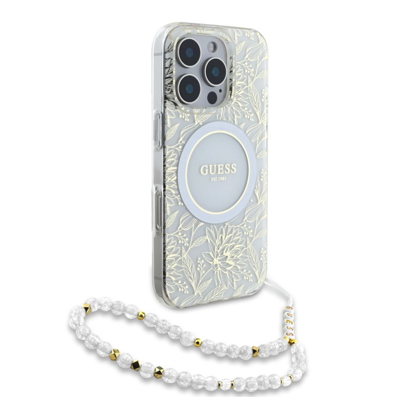 Guess IML Flowers Allover Strap MagSafe Zadný Kryt pre iPhone 16 Pro Max White