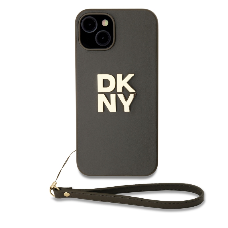 DKNY PU Leather Stack Logo Wrist Strap Zadný Kryt pre iPhone 14 Brown