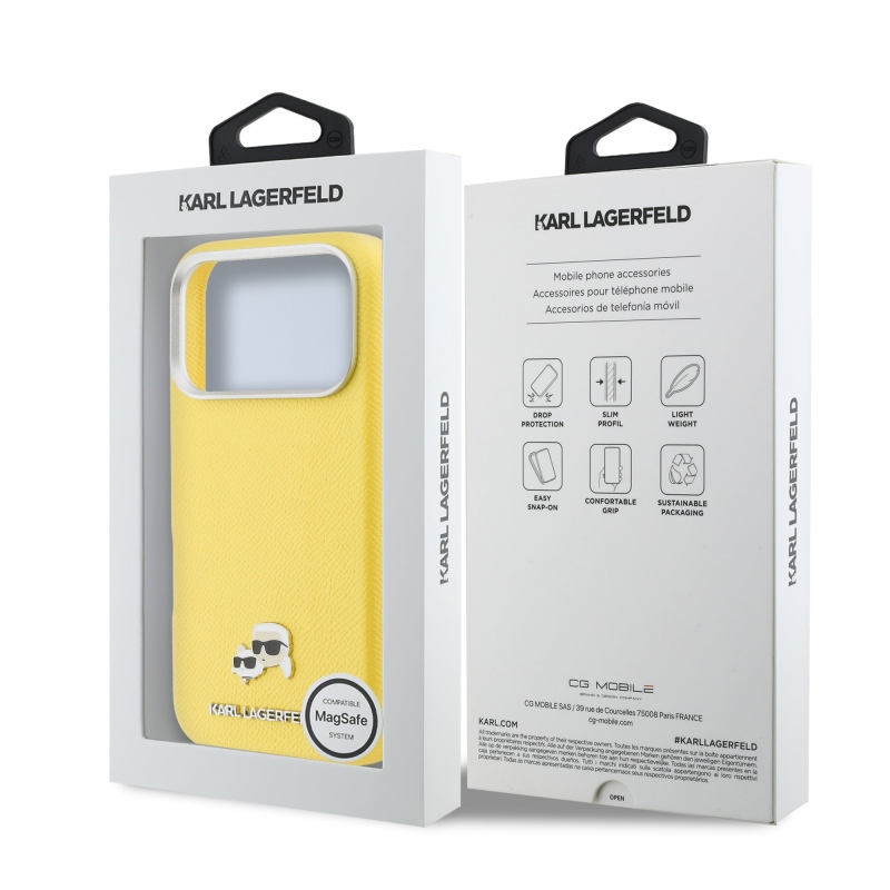 Karl Lagerfeld PU Karl and Choupette Heads Pins MagSafe zadný kryt pre iPhone 17 Pro Max Yellow