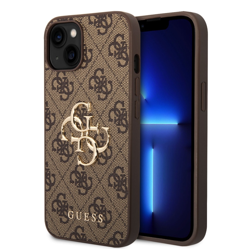 Guess PU 4G Metal Logo Zadný Kryt pre iPhone 15 Brown