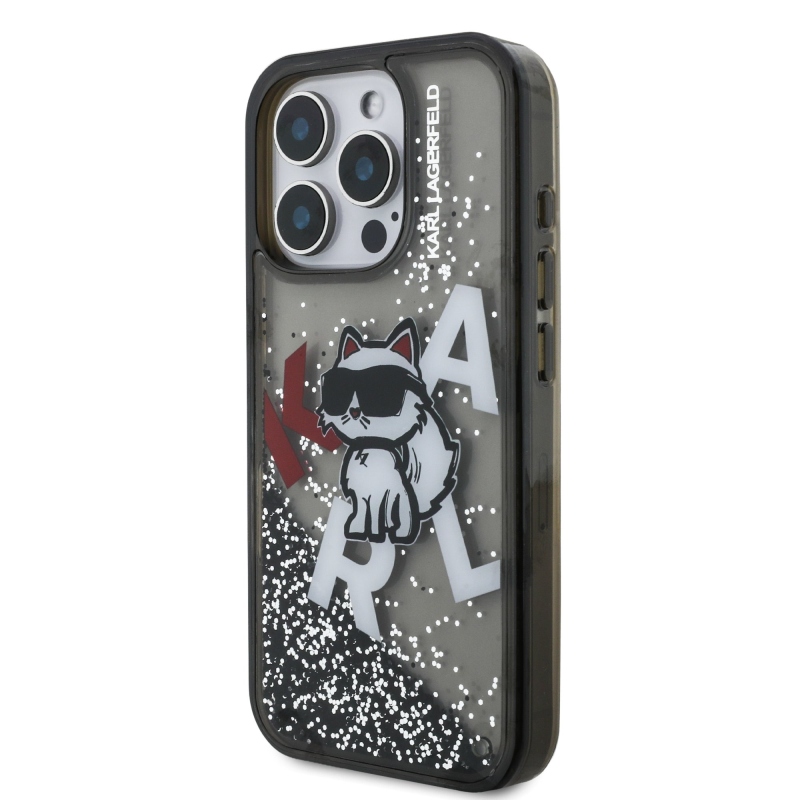 Karl Lagerfeld Liquid Glitter Scattered Choupette Zadní Kryt pro iPhone 16 Pro Max Black