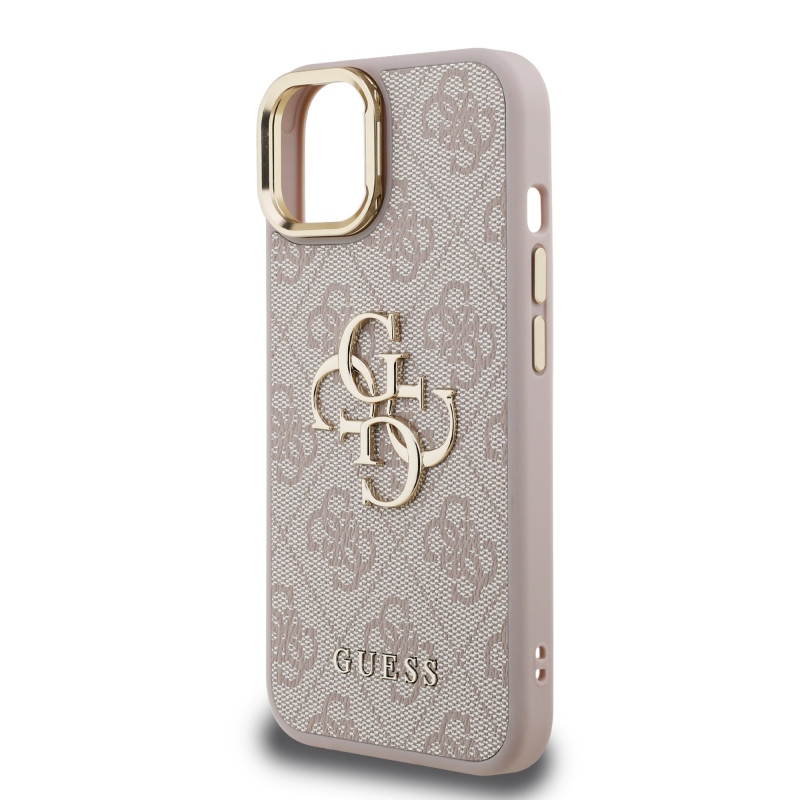 Guess PU 4G Metal Logo Stand Camera Frame Zadný Kryt pre iPhone 14 Pink