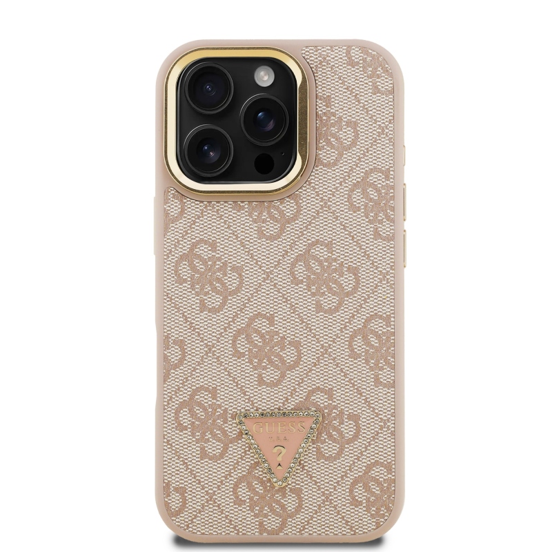 Guess PU 4G Strass Triangle Logo Stand Camera Frame MagSafe Zadný Kryt pre iPhone 16 Pro Pink