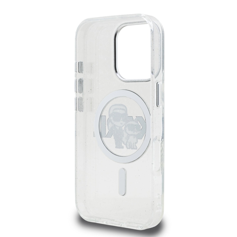 Karl Lagerfeld IML Glitter Karl and Choupette Sketch MagSafe Zadný Kryt pre iPhone 16 Pro Transparent