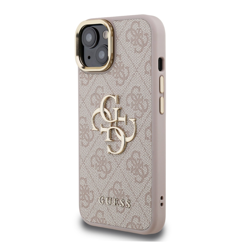 Guess PU 4G Metal Logo Stand Camera Frame Zadný Kryt pre iPhone 14 Pink