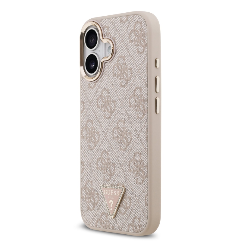 Guess PU kožený 4G štrasové trojuholníkové logo Gold Frame MagSafe zadný kryt pre iPhone 17 Pink
