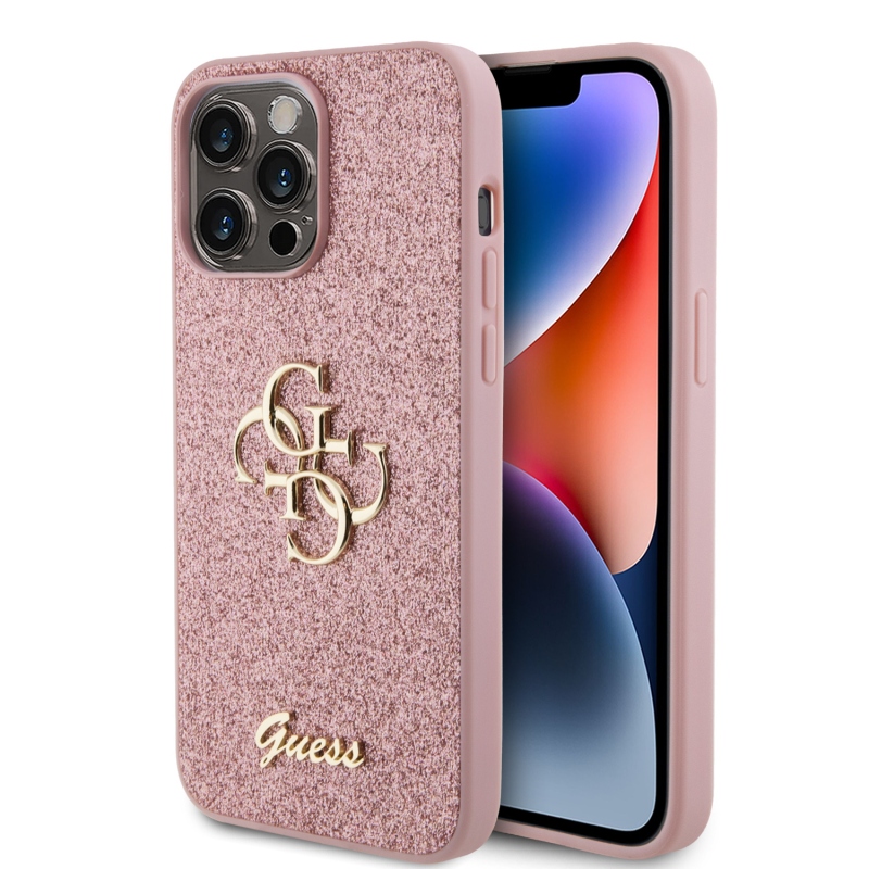 Guess PU Fixed Glitter 4G Metal Logo Zadný Kryt pre iPhone 15 Pro Max Pink