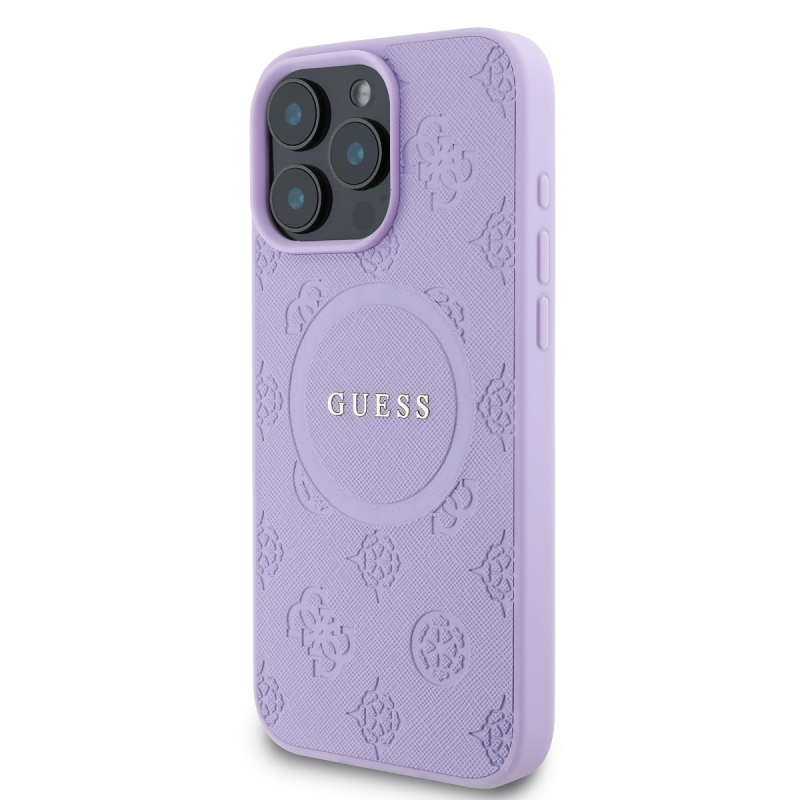 Guess Saffiano Peón Stamp MagSafe Zadný Kryt pre iPhone 16 Pro Purple