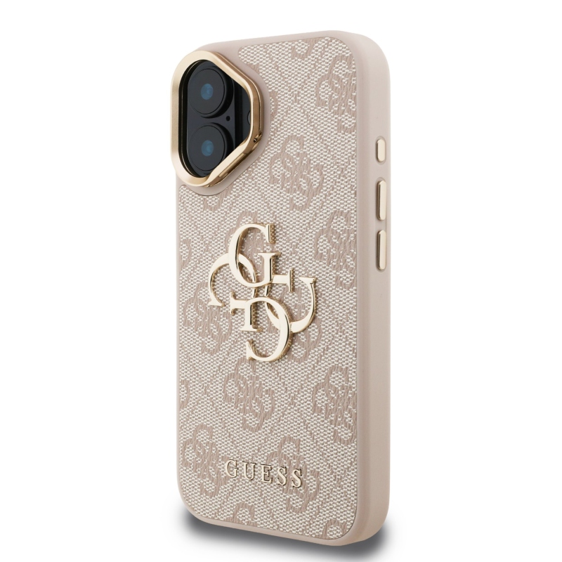Guess PU 4G Metal Logo Stand Camera Frame Zadný Kryt pre iPhone 16 Pink