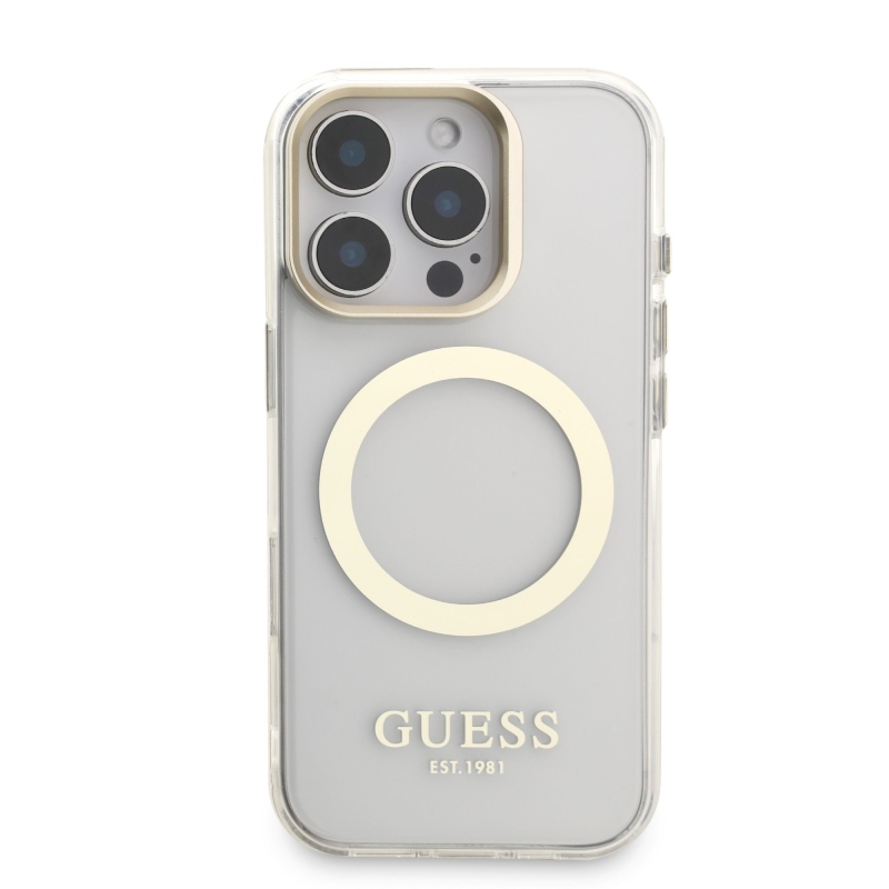 Guess IML Gold Outline Stand Camera Frame MagSafe Zadný Kryt pre iPhone 16 Pro Transparent