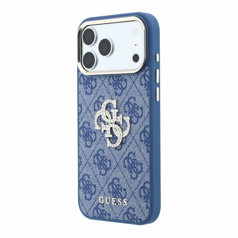 Guess PU 4G Strass Metal Logo Zadný kryt pre iPhone 18 Pro, modrý