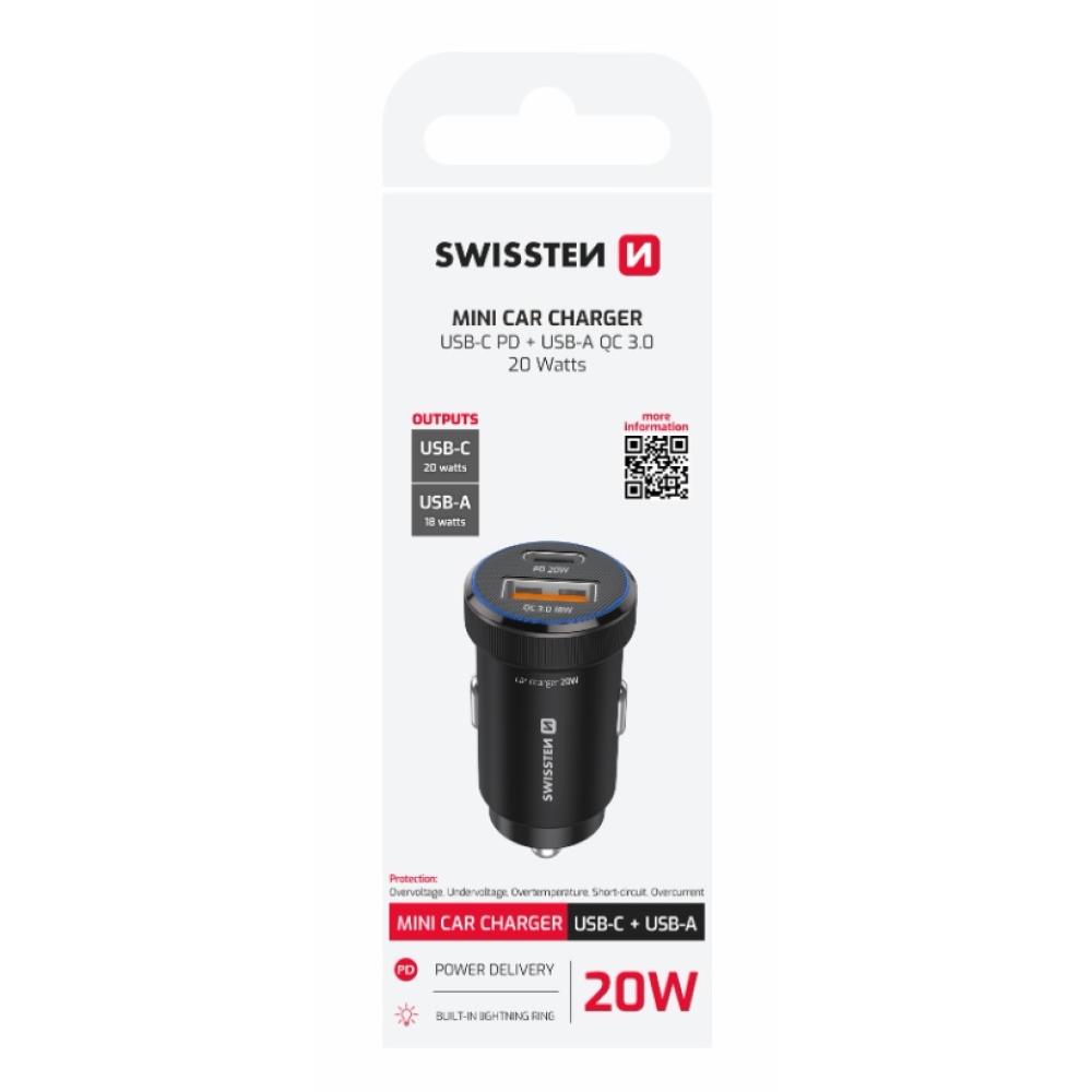 Swissten CL adaptér PD, USB-C PD + USB-A, 20W - čierny