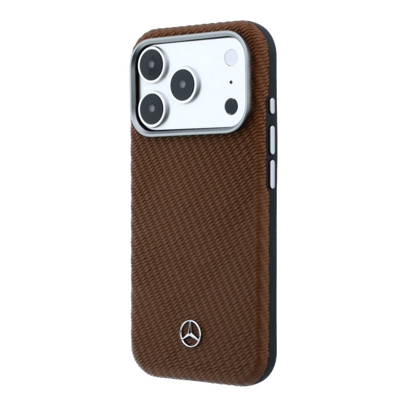 Mercedes PU kožený poloobalový zadný kryt MagSafe pre iPhone 17 Pro Max Camel