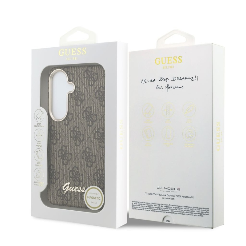 Guess PU 4G Script Metal Logo Magnetic Back Cover pre Samsung Galaxy S26 Brown