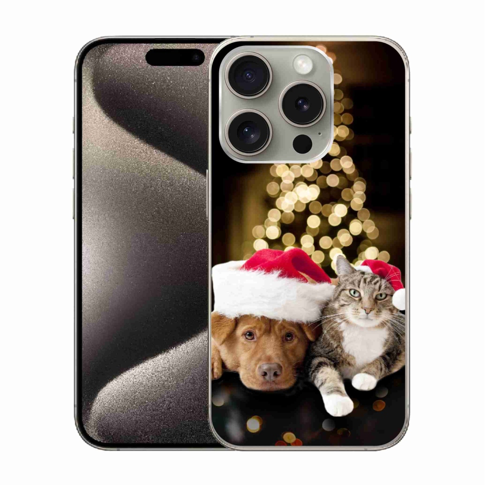 Gélový kryt mmCase na iPhone 15 Pro - vianočný pes a mačka