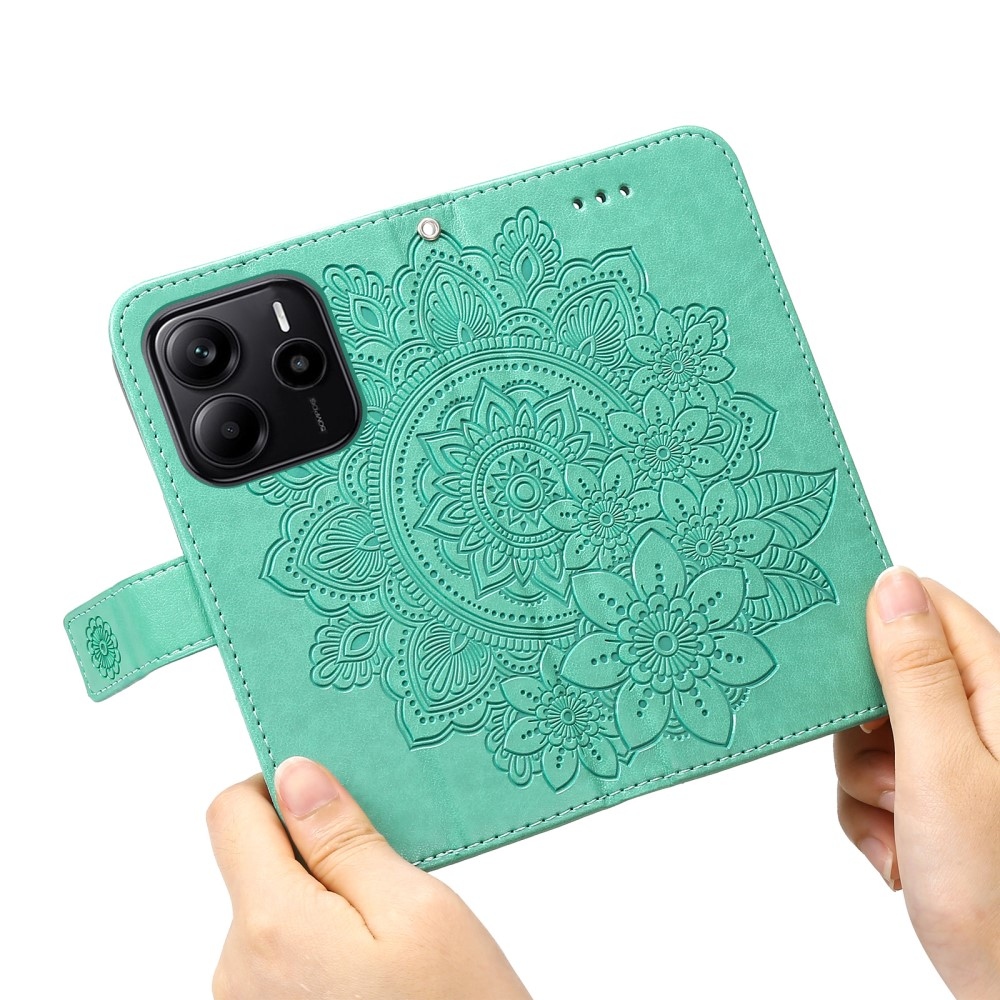 Floral knižkové púzdro na Xiaomi Redmi Note 14 - modrozelené