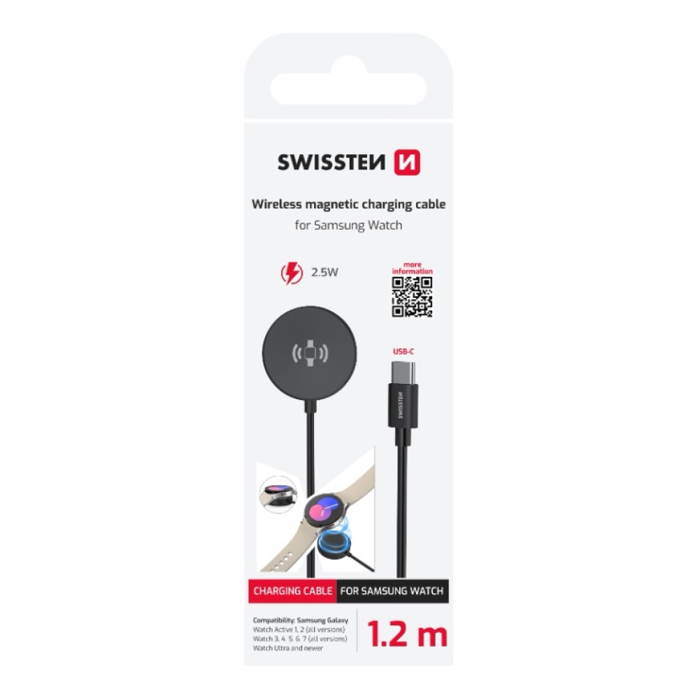 Swissten magnetický kábel pre Samsung Galaxy Watch, USB-C 1.2 m - čierny