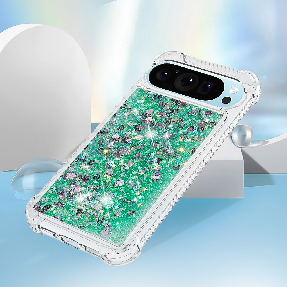Glitter presýpací gélový obal na Google Pixel 10 Pro/Pixel 10 - zelený/srdiečka