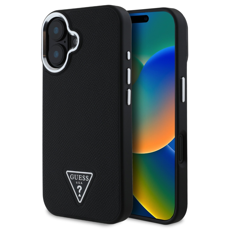 Guess PU Grained Triangle Logo Zadný Kryt pre iPhone 16 Black