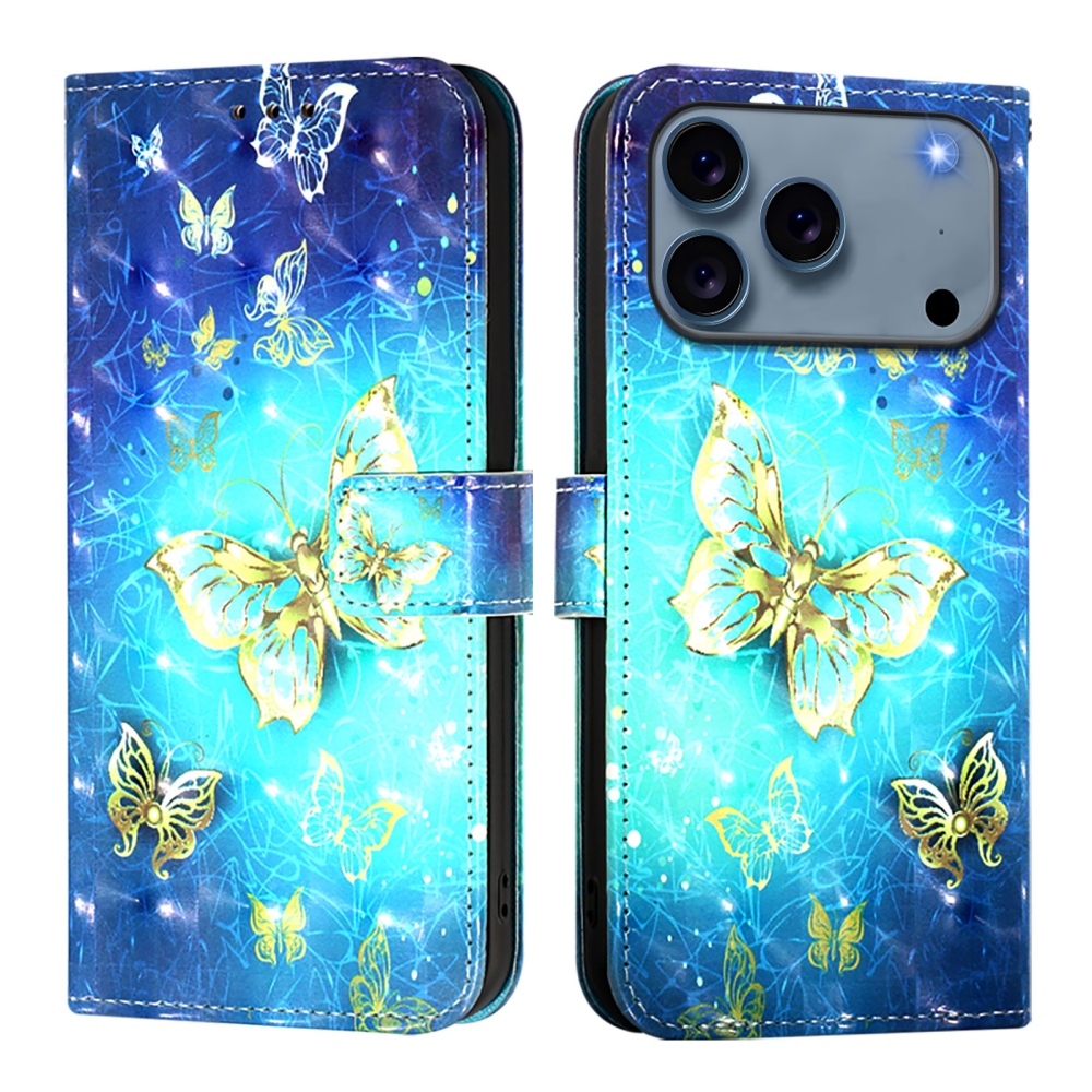 Patte knižkové púzdro na iPhone 18 Pro Max/17 Pro Max - modro-rozlatí motýle
