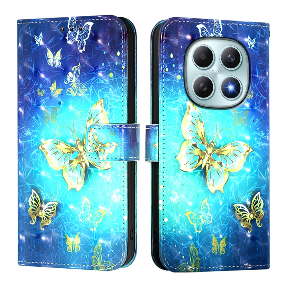 Päťte knižkové púzdro na Xiaomi Poco M8 5G/Redmi Note 15 5G/Note 15 4G - modrozlatí motýle