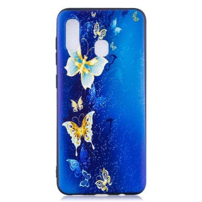 Pattern gélové puzdro na mobil Samsung Galaxy A30 - modrý a zlatý motýľ