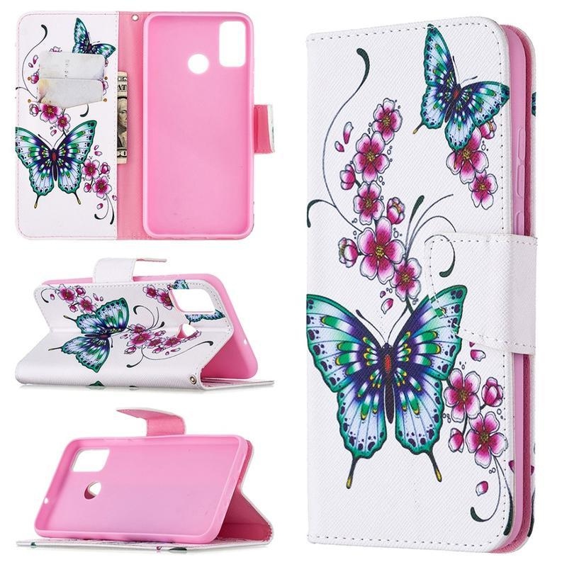 Patty PU kožené peněženkové puzdro na mobil Honor 9X Lite - motýľ a kvet