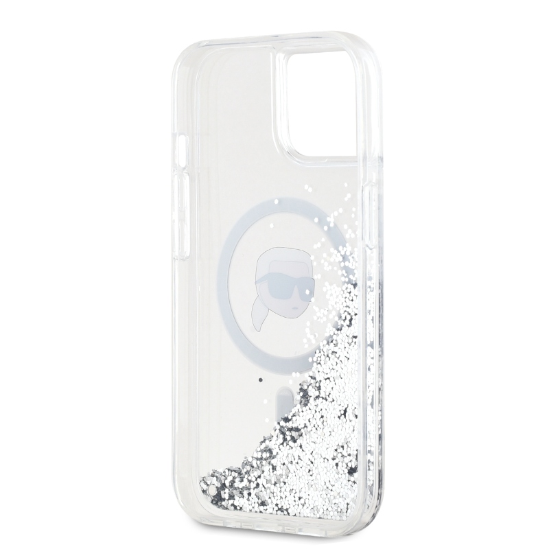 Karl Lagerfeld Liquid Glitter Karl Head Magsafe Zadný Kryt pre iPhone 15 Transparent