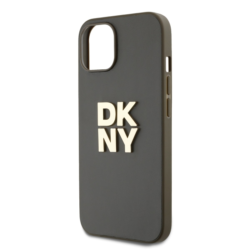 DKNY PU Leather Stack Logo Wrist Strap Zadný Kryt pre iPhone 15 Brown