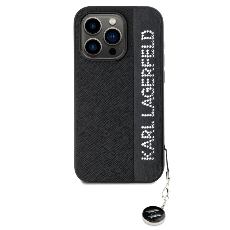 Karl Lagerfeld PU Saffiano Rhinestone Charm Zadný Kryt pre iPhone 15 Pro Max Black