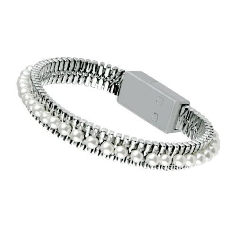 Perlový náramok micro USB pre nabíjanie a synchronizáciu - strieborný