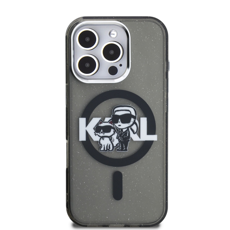 Karl Lagerfeld IML Glitter Karl and Choupette Sketch MagSafe Zadný Kryt pre iPhone 16 Pro Black