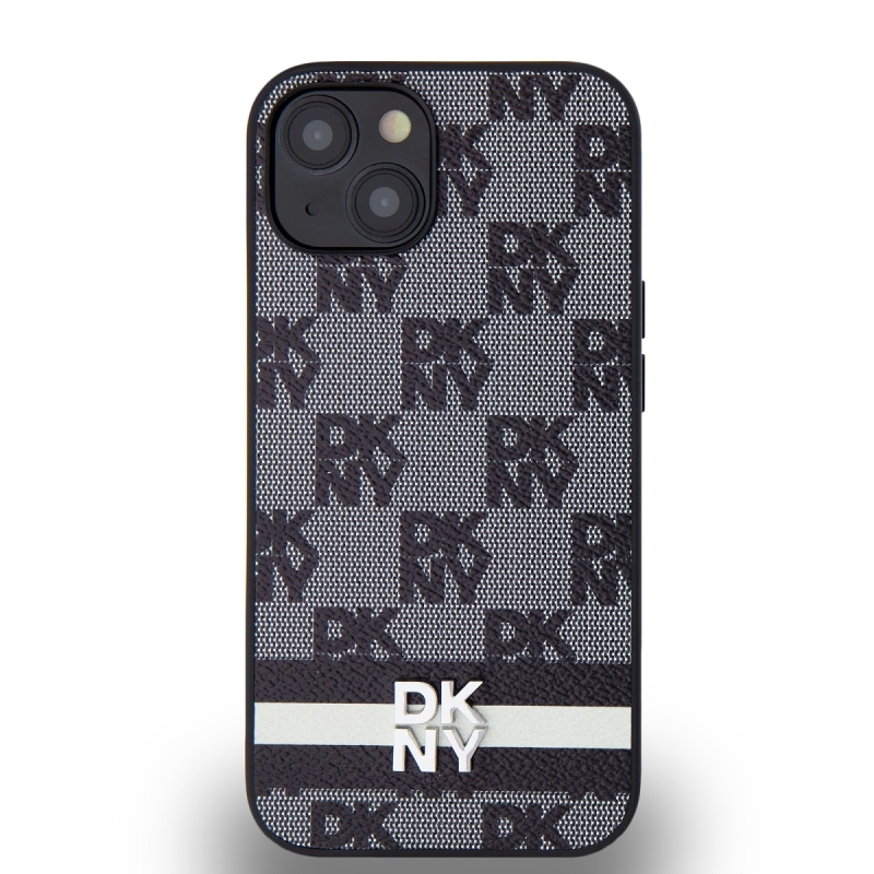 DKNY PU Leather Checkered Pattern and Stripe Zadný Kryt pre iPhone 13 Black