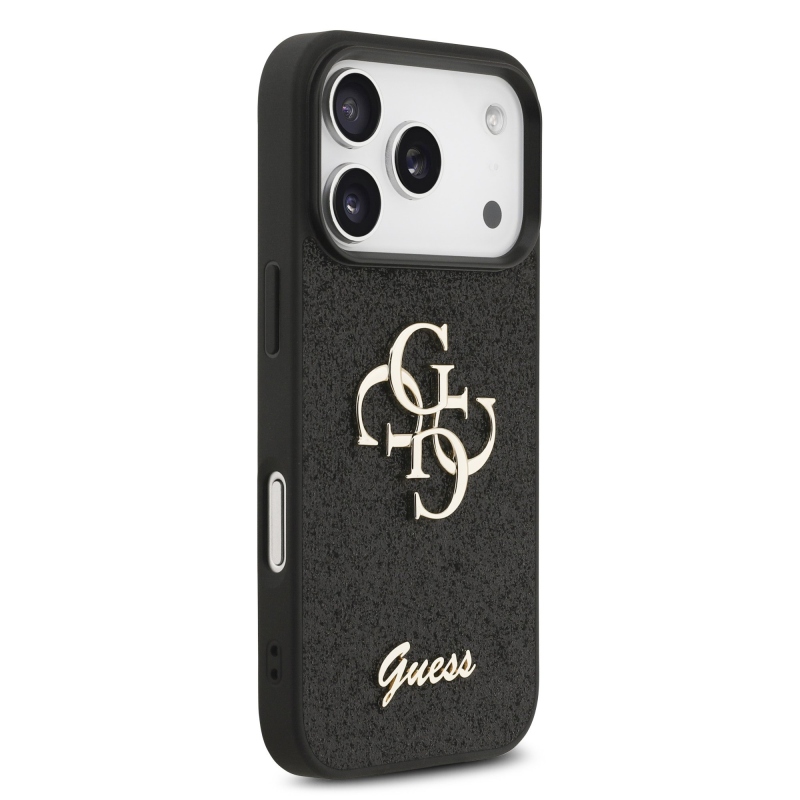 Guess PU Pevný zadný kryt s kovovým logom 4G Glitter pre iPhone 17 Pro Black