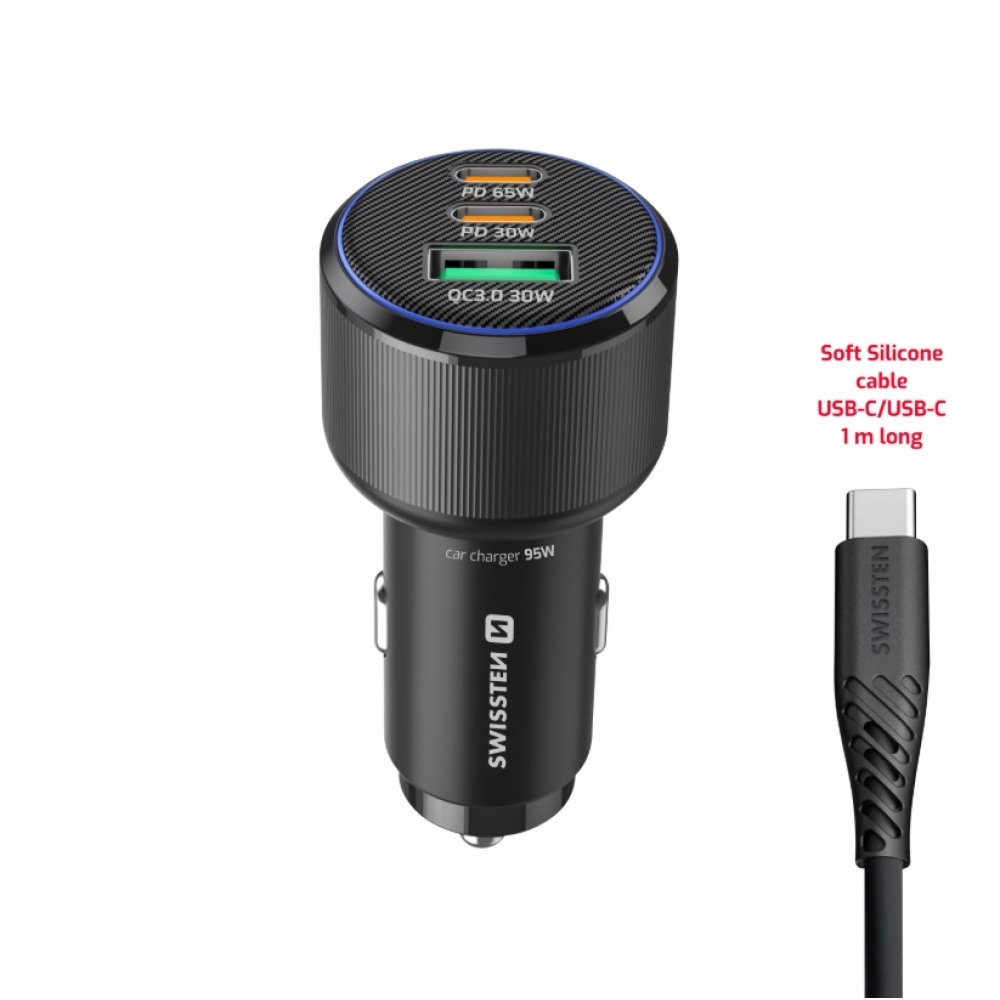 Swissten CL Adaptér 2x USB-C PD + USB-A, 95W - čierny + kábel USB-C/USB-C, 1m