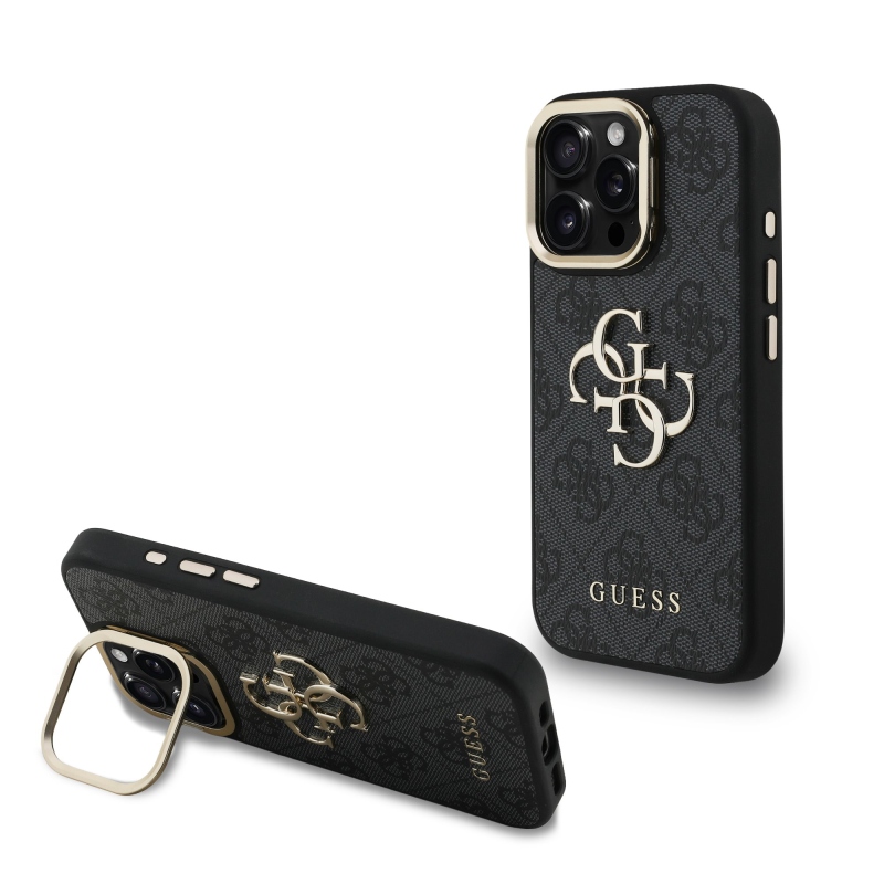 Guess PU 4G Metal Logo Stand Camera Frame Zadný Kryt pre iPhone 16 Pro Max Black