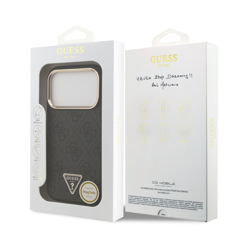 Guess PU kožený 4G štrasové trojuholníkové logo Gold Frame MagSafe zadný kryt pre iPhone 17 Pro Black