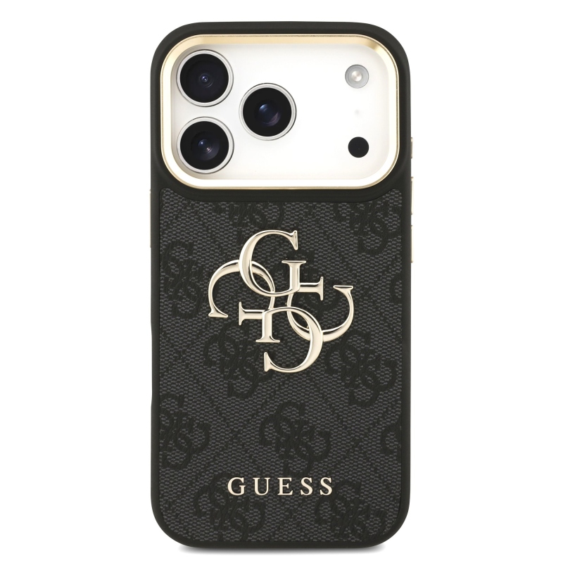 Guess PU kožený 4G kovové logo Gold Frame zadný kryt pre iPhone 17 Pro Black