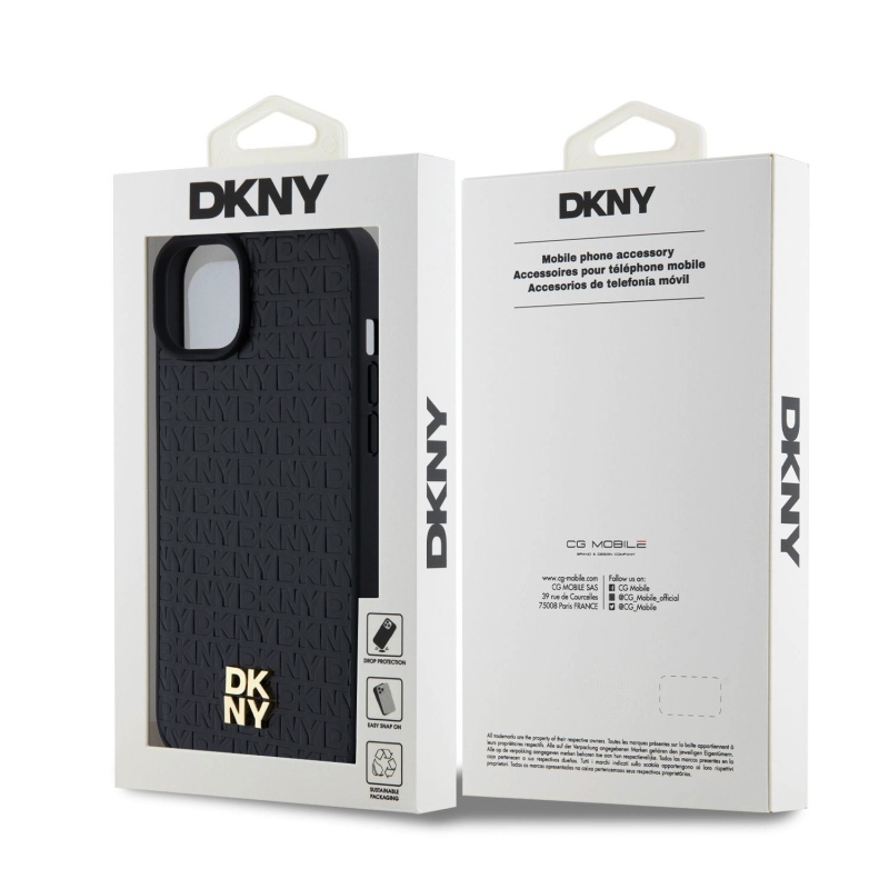 DKNY PU Leather Repeat Pattern Stack Logo Magsafe Zadný Kryt pre iPhone 15 Plus Black