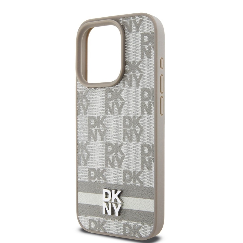 DKNY PU Leather Checkered Pattern and Stripe Zadný Kryt pre iPhone 13 Pro Max Beige