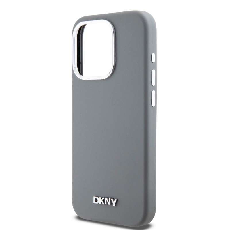 DKNY Liquid Silicone Silver Metal Logo Magsafe Zadný Kryt pre iPhone 15 Pro Grey