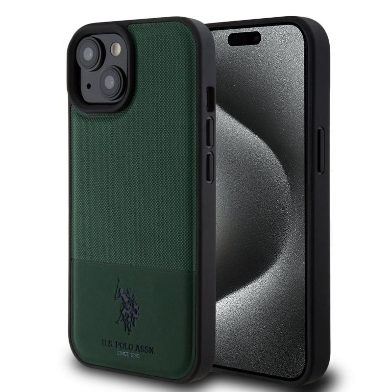 U.S. Polo PU Leather Mesh Pattern Double Horse Zadný Kryt pre iPhone 15 Green