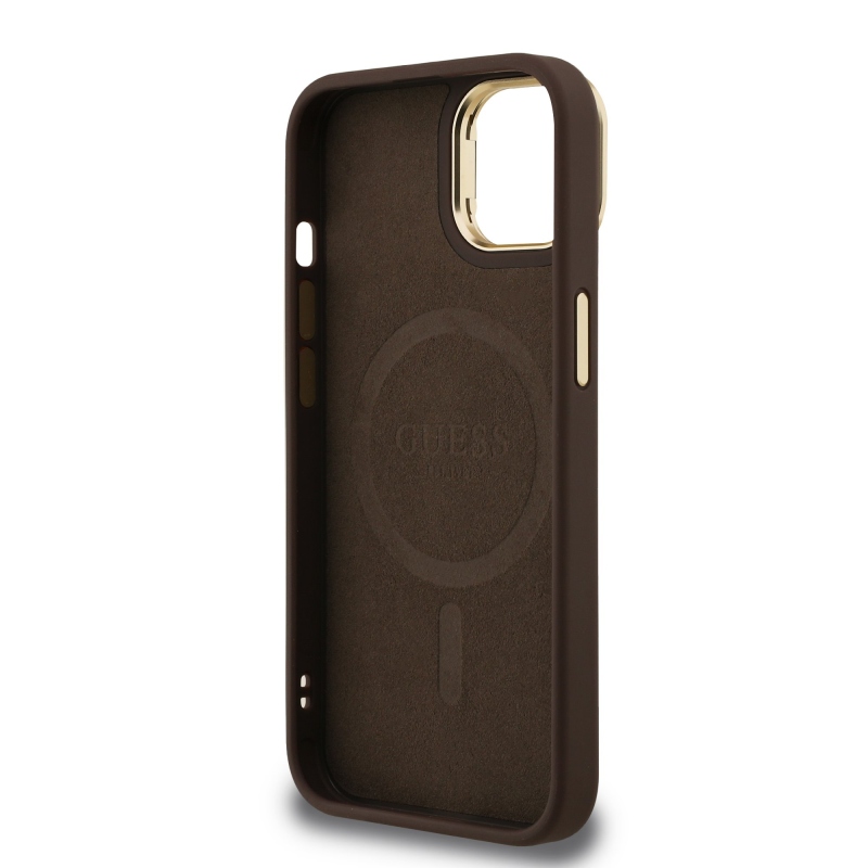 Guess PU 4G Strass Triangle Logo Stand Camera Frame MagSafe Zadný Kryt pre iPhone 14 Brown