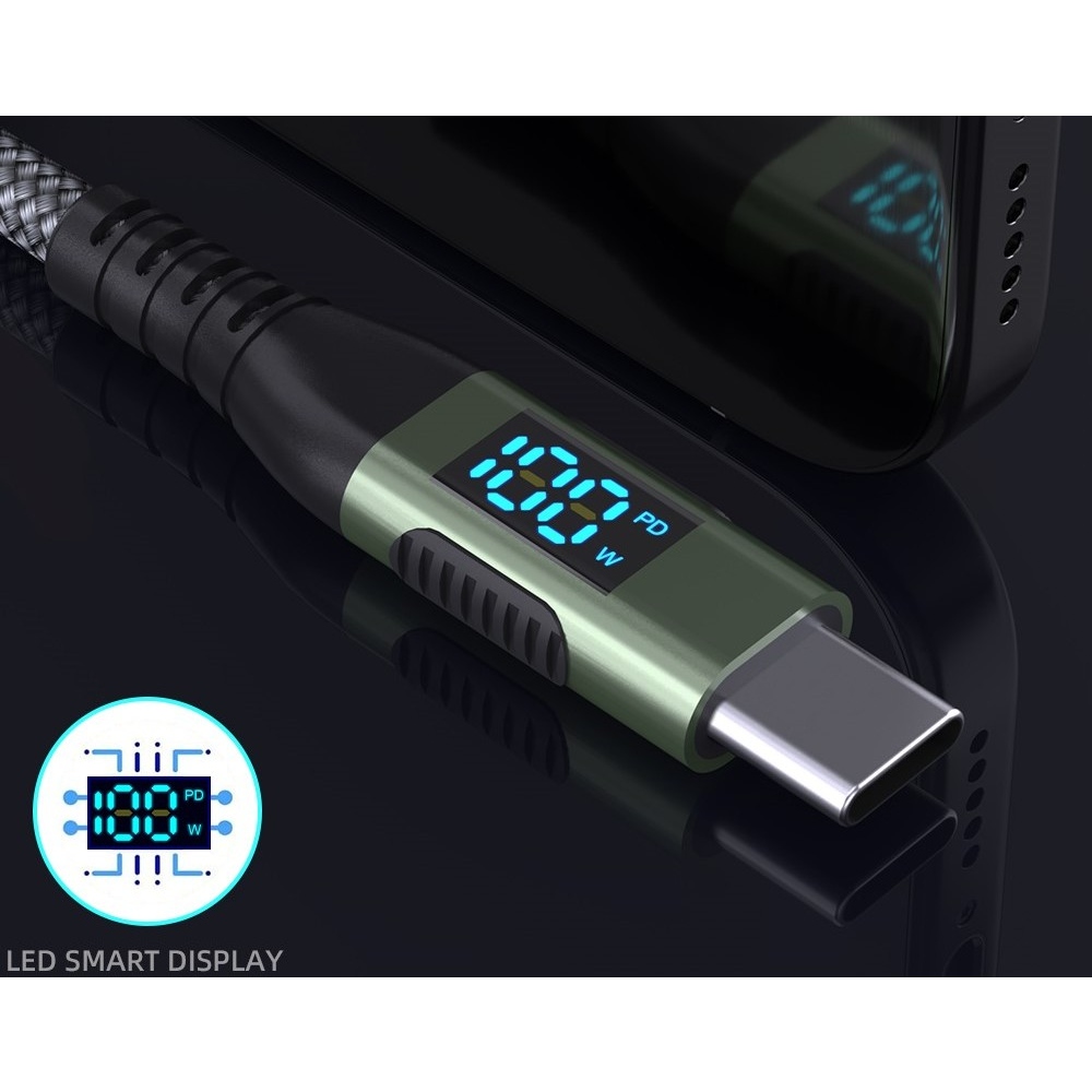 Nylonový kábel USB-C / USB-C s displejom 1m 100W - šedý