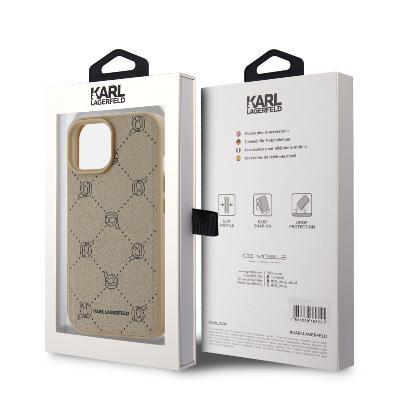 Karl Lagerfeld PU Karl Heads Pattern Magsafe Zadný Kryt pre iPhone 15 Beige