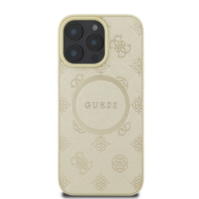 Guess Saffiano Peón Stamp MagSafe Zadný Kryt pre iPhone 16 Pro Gold