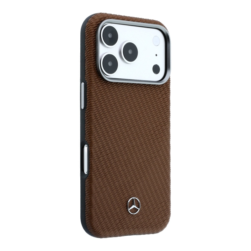 Mercedes PU kožený poloobalový zadný kryt MagSafe pre iPhone 17 Pro Camel