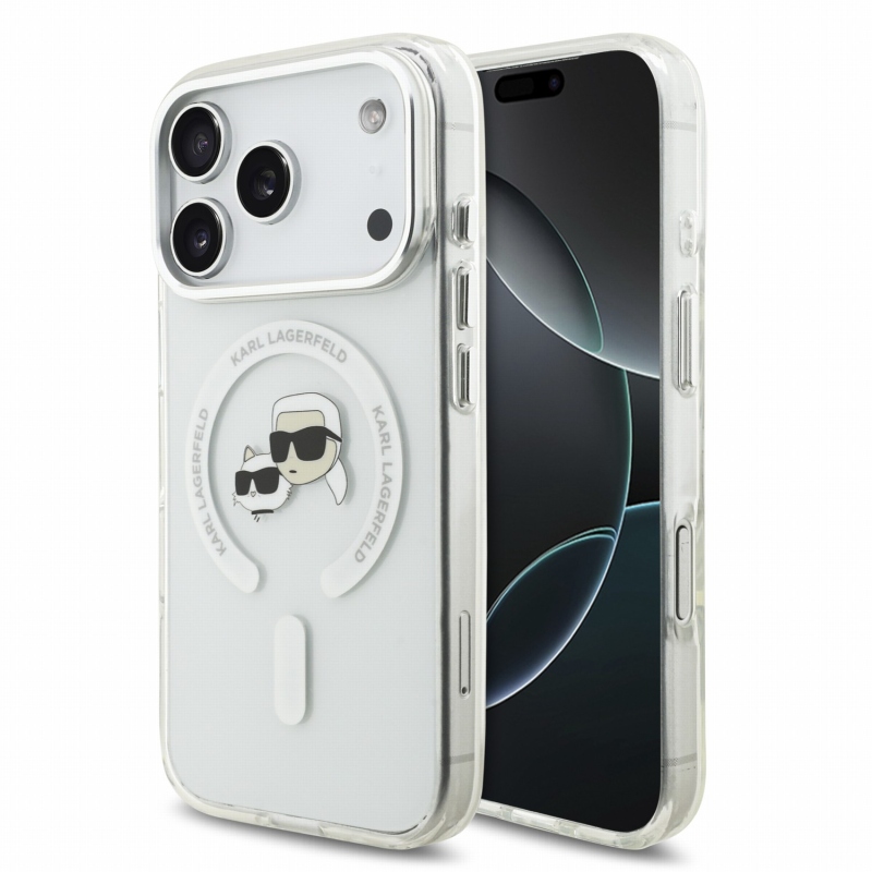 Karl Lagerfeld IML K&CH Heads kovový rám MagSafe zadný kryt pre iPhone 18 Pro, biely