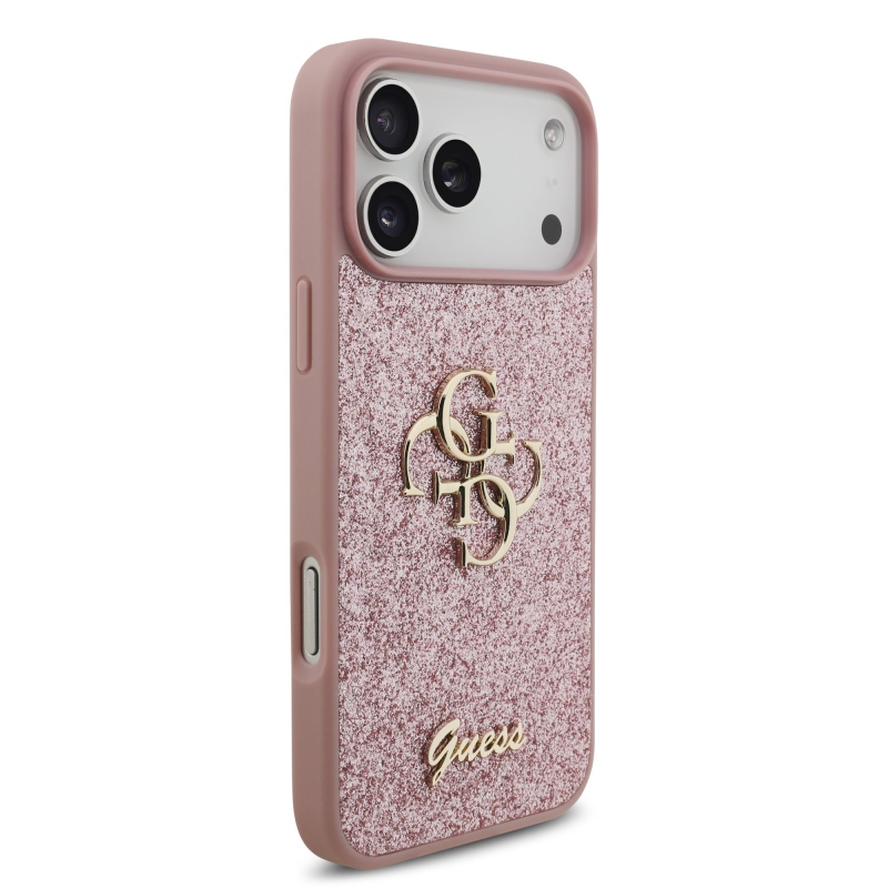 Guess PU Fixed Glitter 4G Metal Logo – zadný kryt pre iPhone 18 Pro Max v ružovej farbe